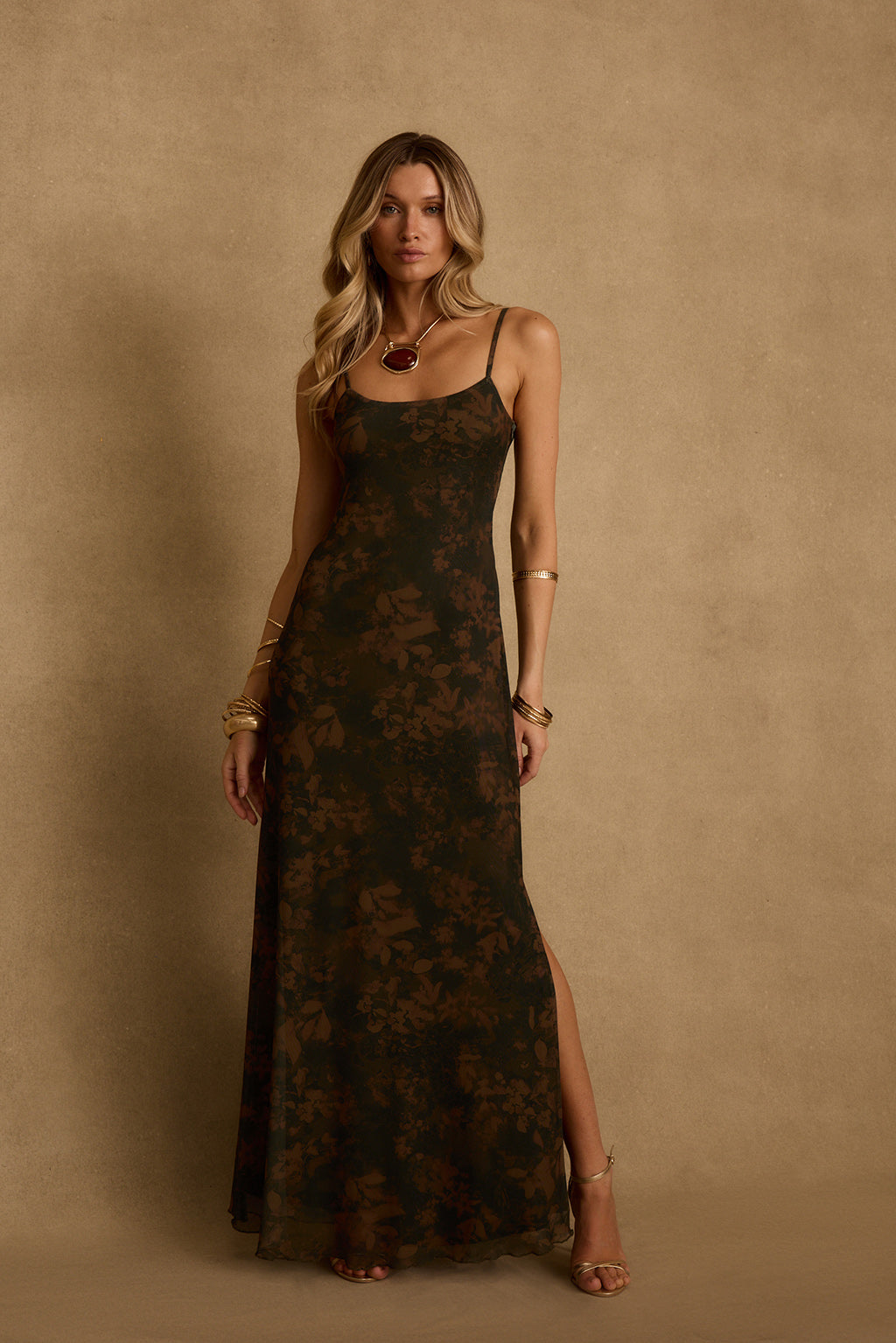 Amora Dark Floral Mesh Maxi Dress - XL Size - Women's Dresses