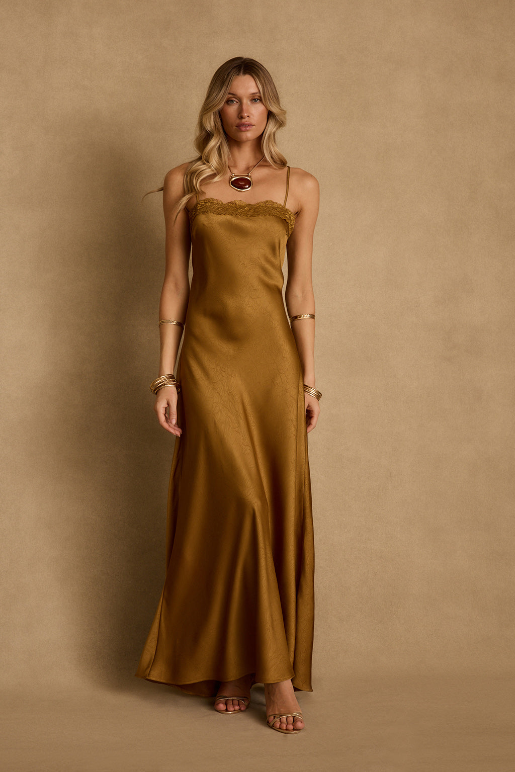 Fia Gold Satin Maxi Dress - S Size - Women's Dresses