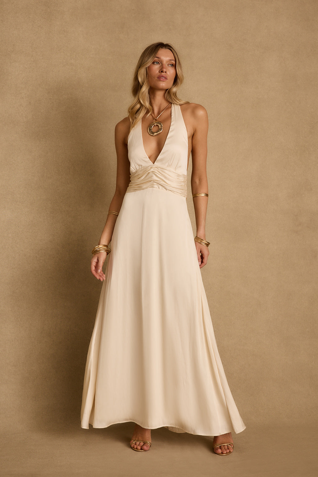 Inez Cream Satin Maxi Dress - M Size - Women's Dresses