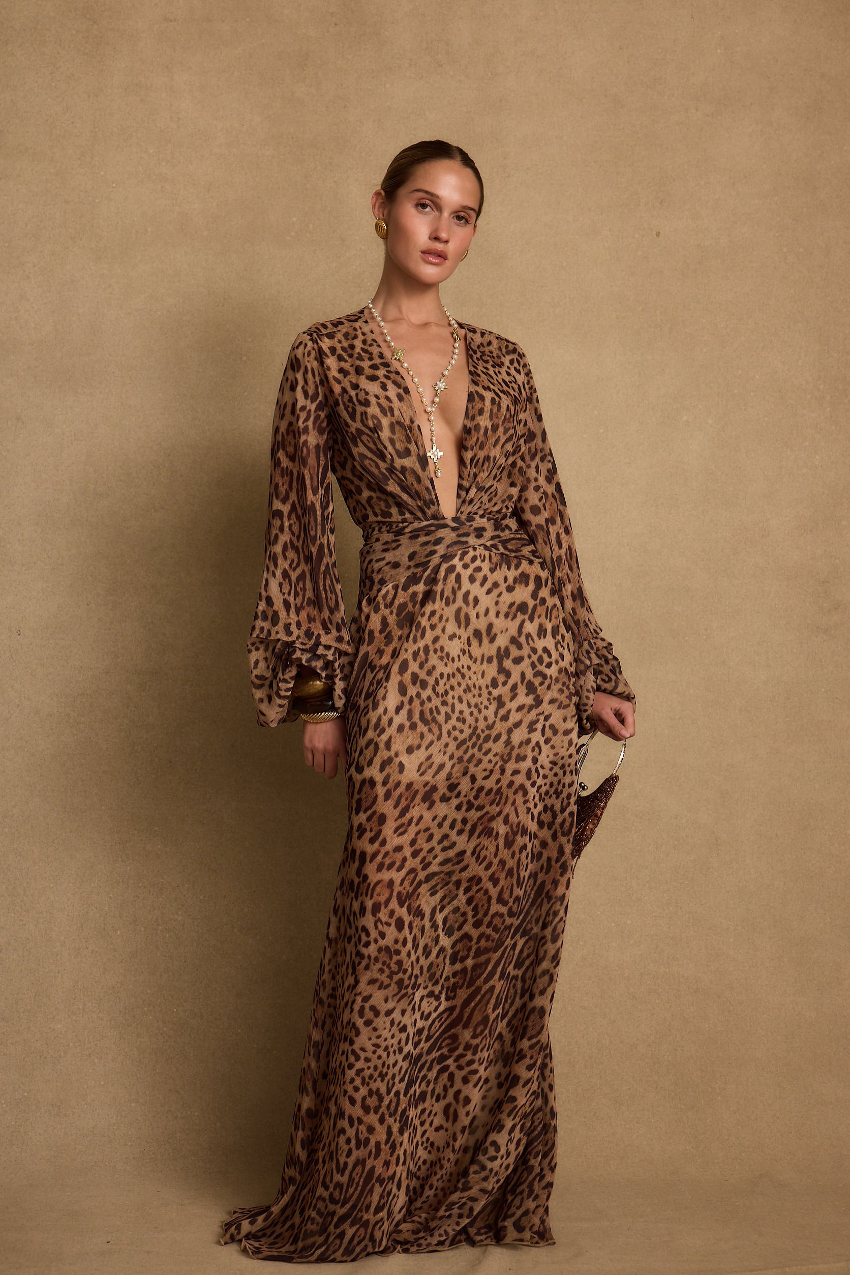 sheer leopard maxi dress Karmen Leopard Plunge Long Sleeve Maxi Dress – 12th Tribe