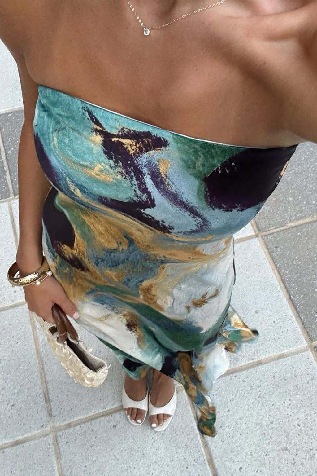 Natalia Blue and Gold Watercolor Strapless Maxi Dress - S Size - Women's Dresses - 12th Tribe Natalia Blue and Gold Watercolor Strapless Maxi Dress - S Size - Women's Dresses - 12th Tribe