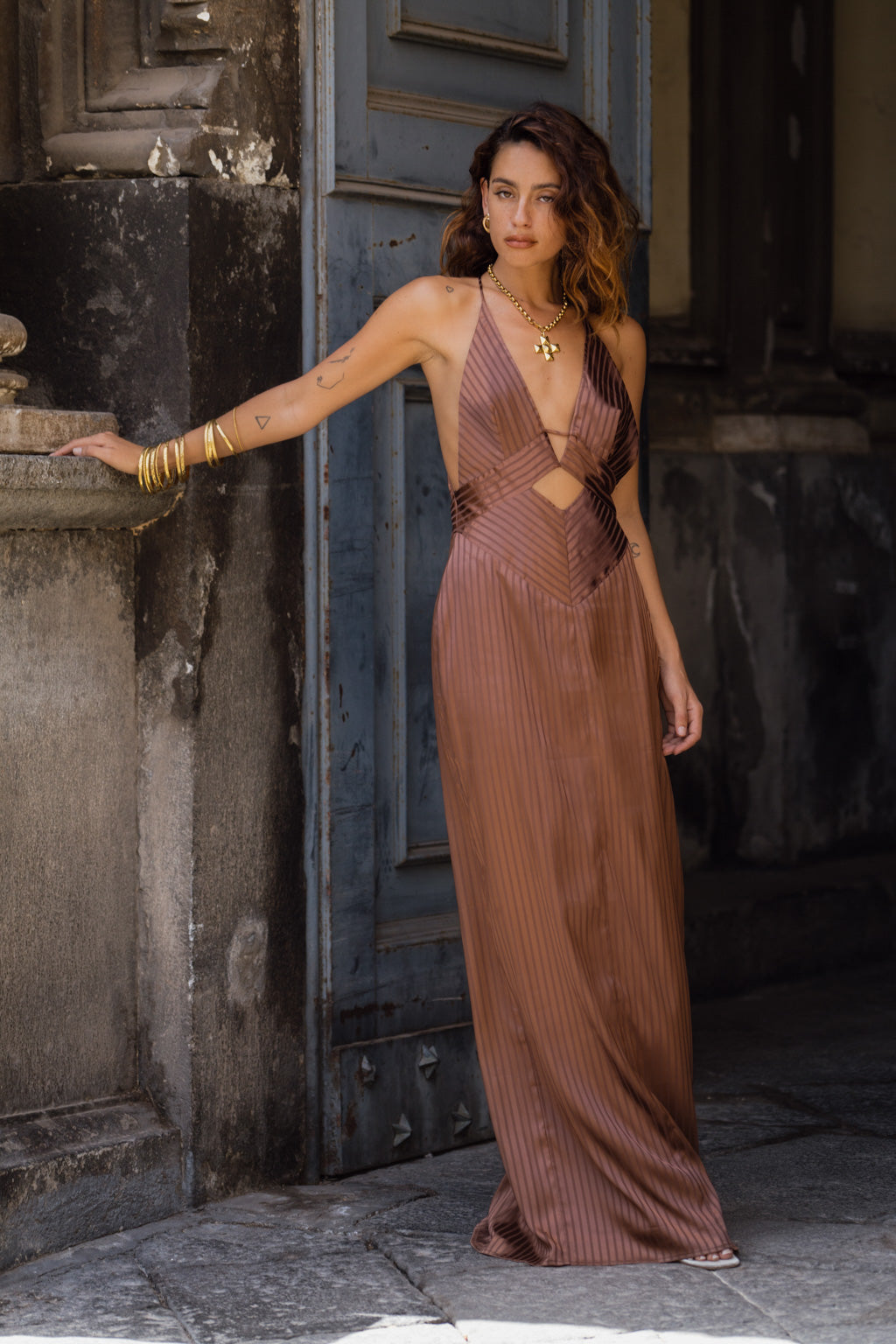 Roma Cocoa Striped Cutout Maxi Dress - M Size - Women's Dresses - 12th Tribe Roma Cocoa Striped Cutout Maxi Dress - M Size - Women's Dresses - 12th Tribe