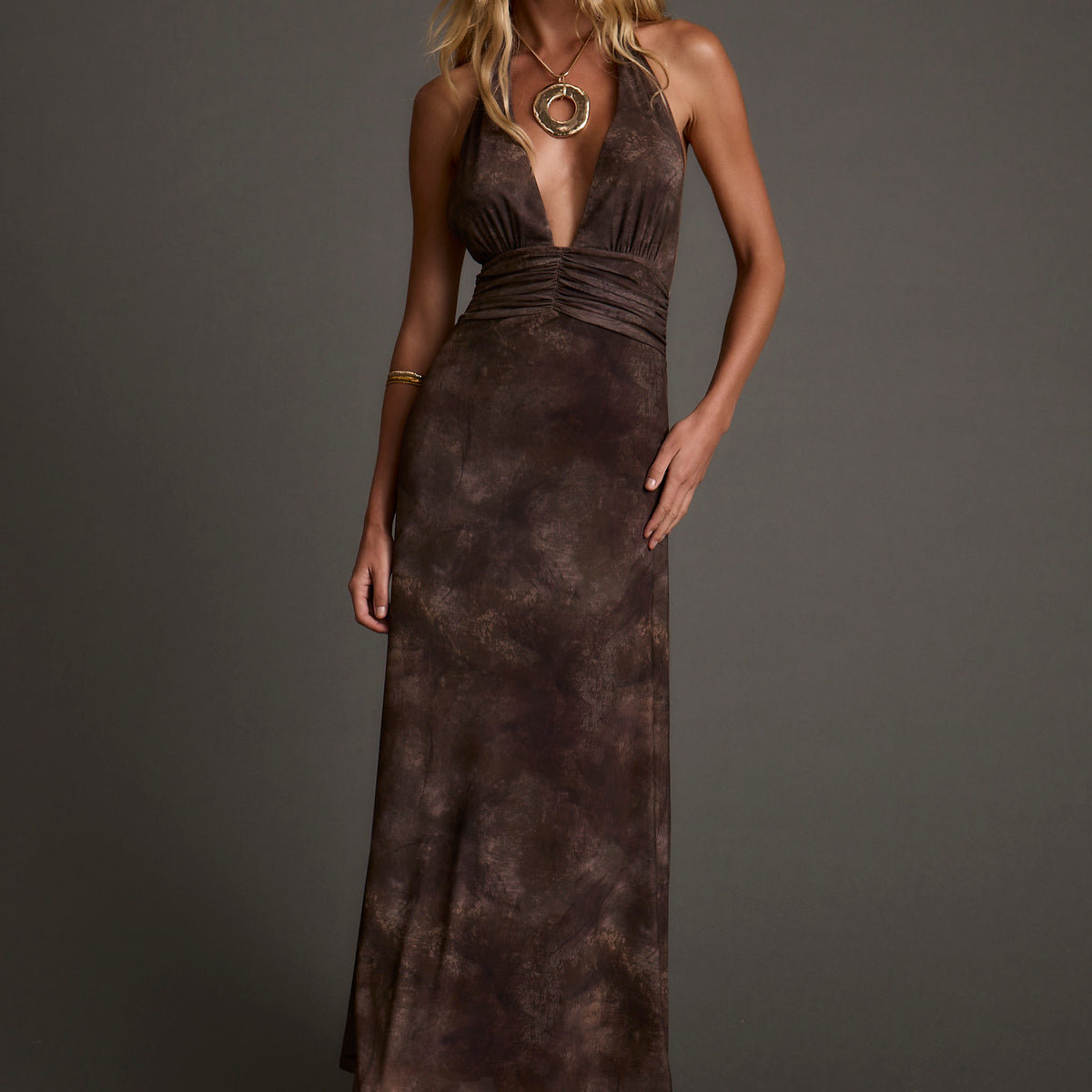 Rosalia Brown Mesh Maxi Dress