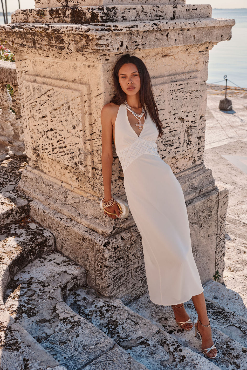 embroidered white midi dress Penelope White Halter Midi Dress