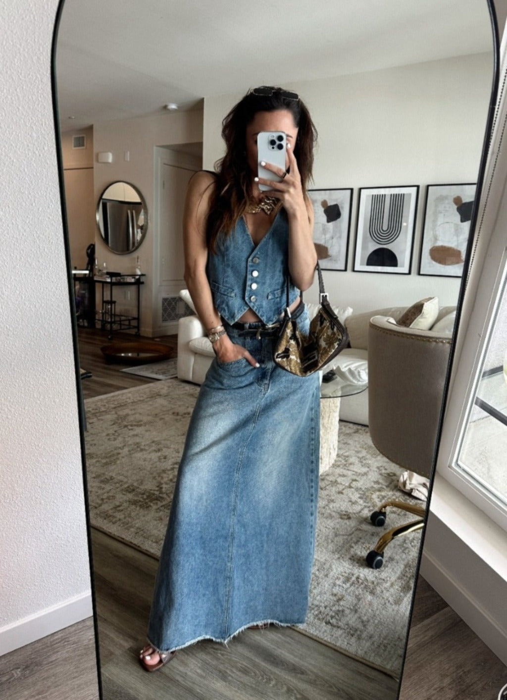 denim skirts dresses Austin Maxi Skirt length:36 two diagonal front pockets AUG-26 A Line V Neck