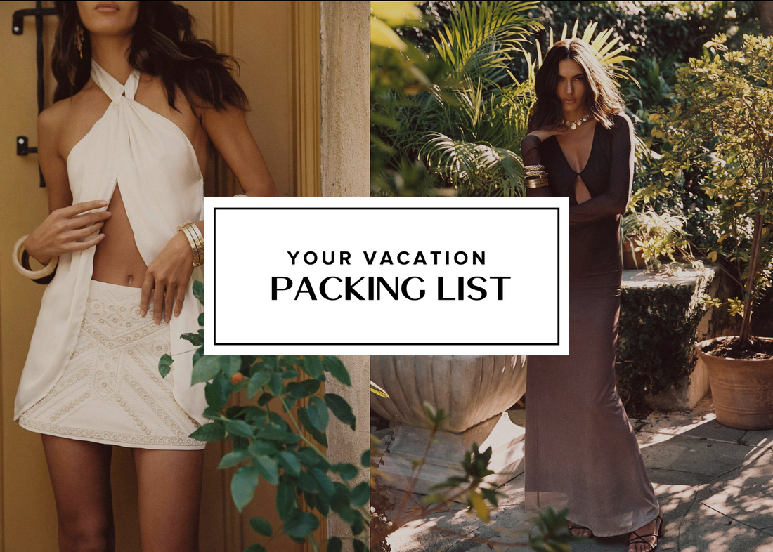 Two women in resort wear, white halter set and brown maxi dress, for a vacation packing guide.
