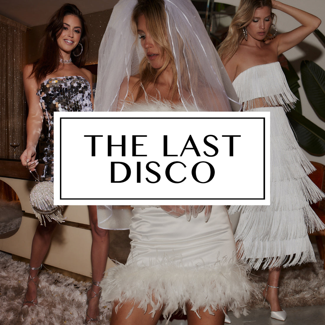 Sequin, feather, and fringe dresses with a bridal veil styled as glam bachelorette party outfits.