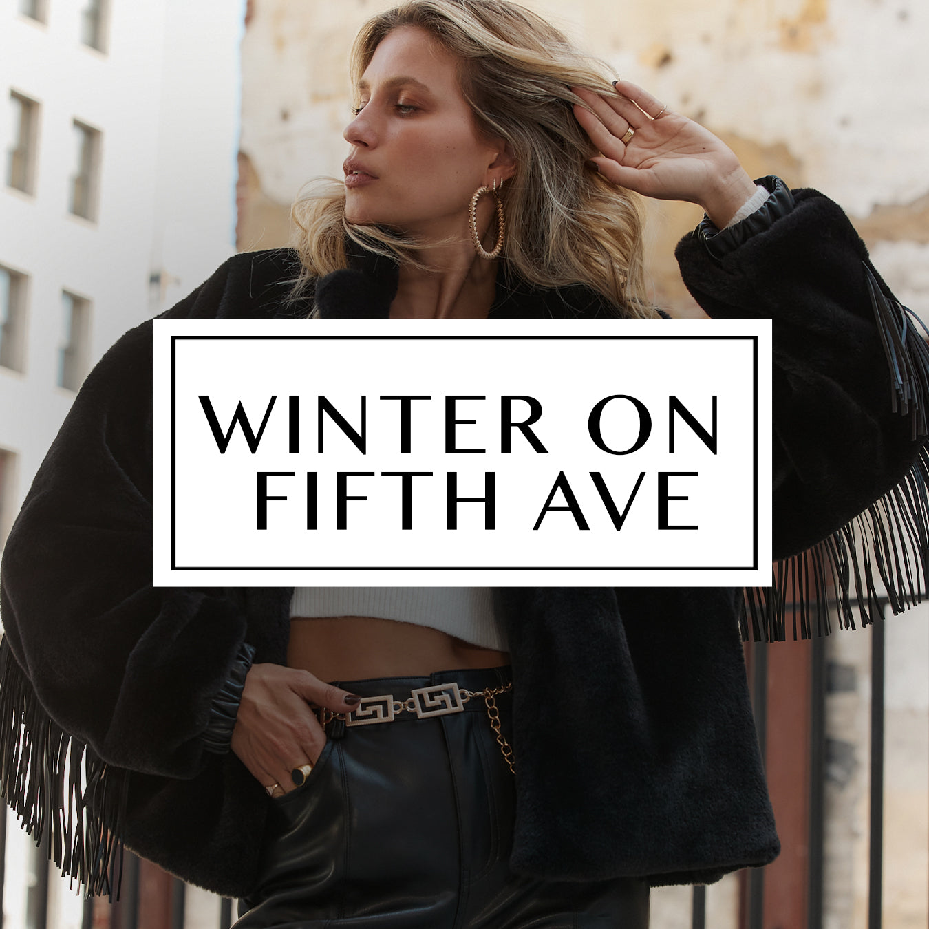 Blog cover for Winter on Fifth Ave: woman in black faux-fur fringe jacket and leather pants.