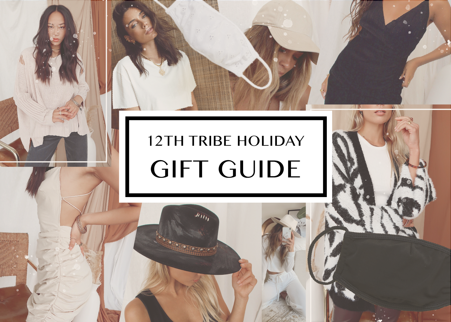 Holiday gift guide collage of women's sweaters, dresses, hats, and loungewear from 12th Tribe.
