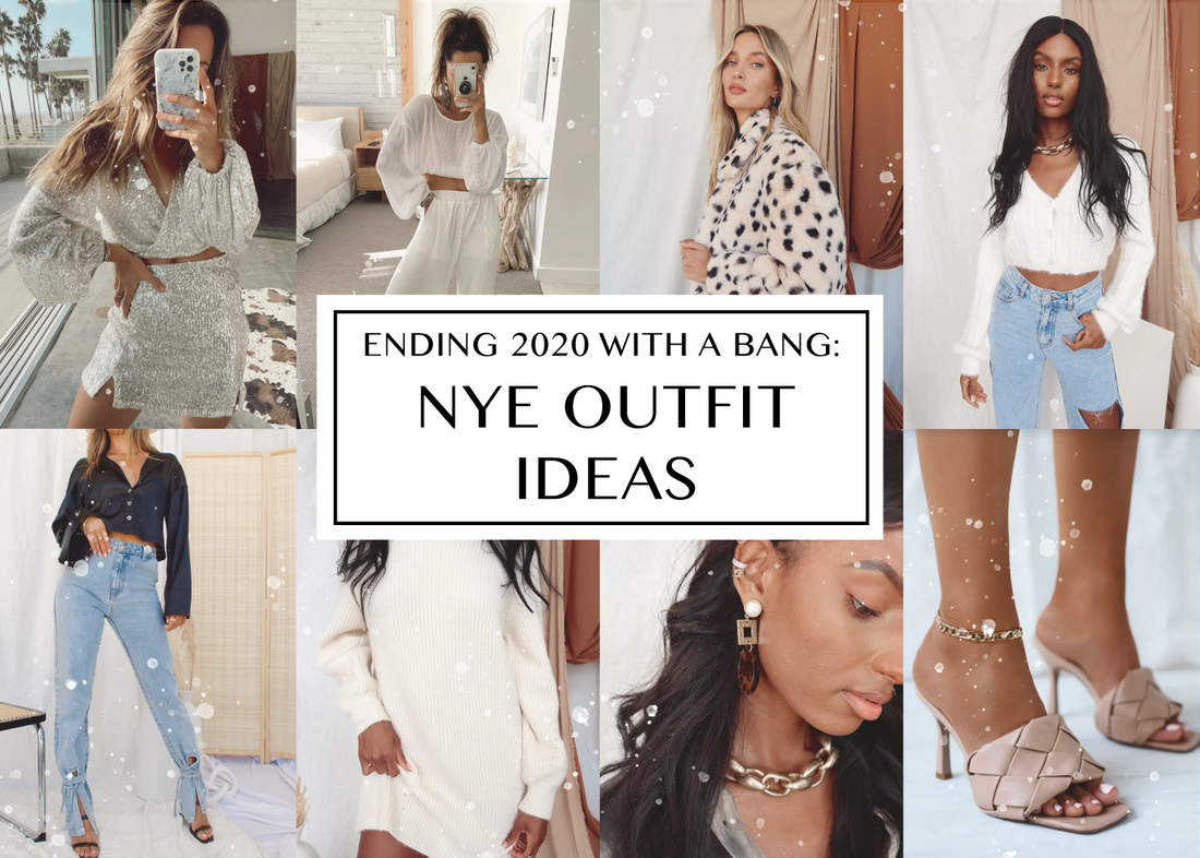 Collage of festive New Year's Eve outfit ideas, from sequins to cozy knits and heels.