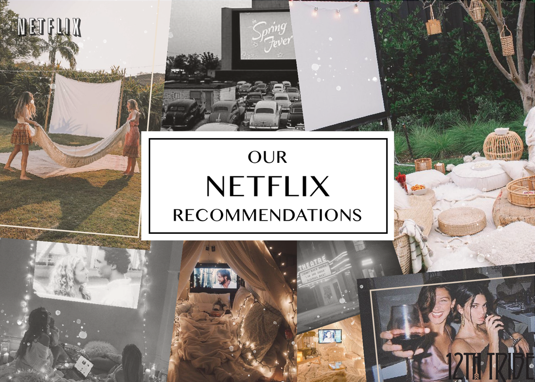 Blog cover collage of cozy outdoor movie nights for 12th Tribe's Netflix recommendations.
