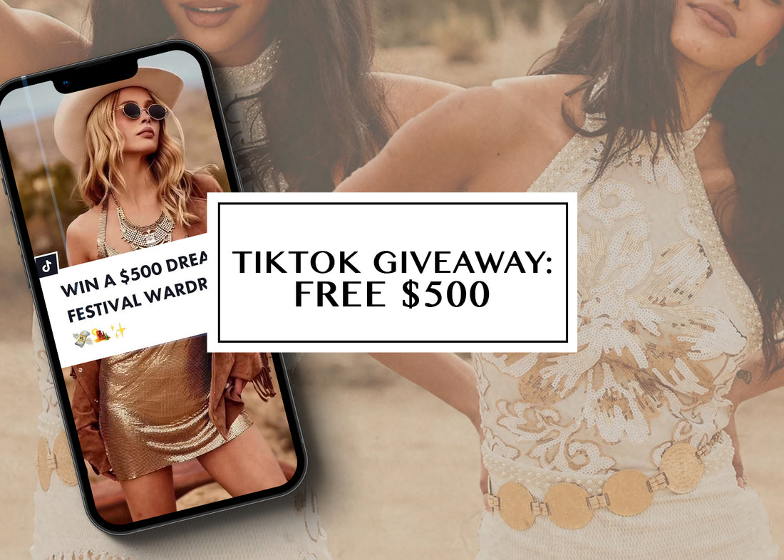 Blog cover for a TikTok giveaway featuring festival outfits, a gold dress, hat, and sequined halter top.