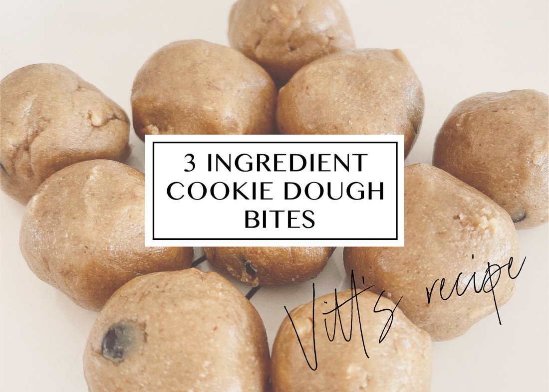 Blog cover for 3 ingredient cookie dough bites, rolled raw dough balls on a white surface.