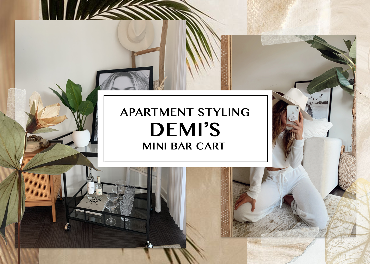 Black glass mini bar cart styling in a boho apartment with plants and loungewear.