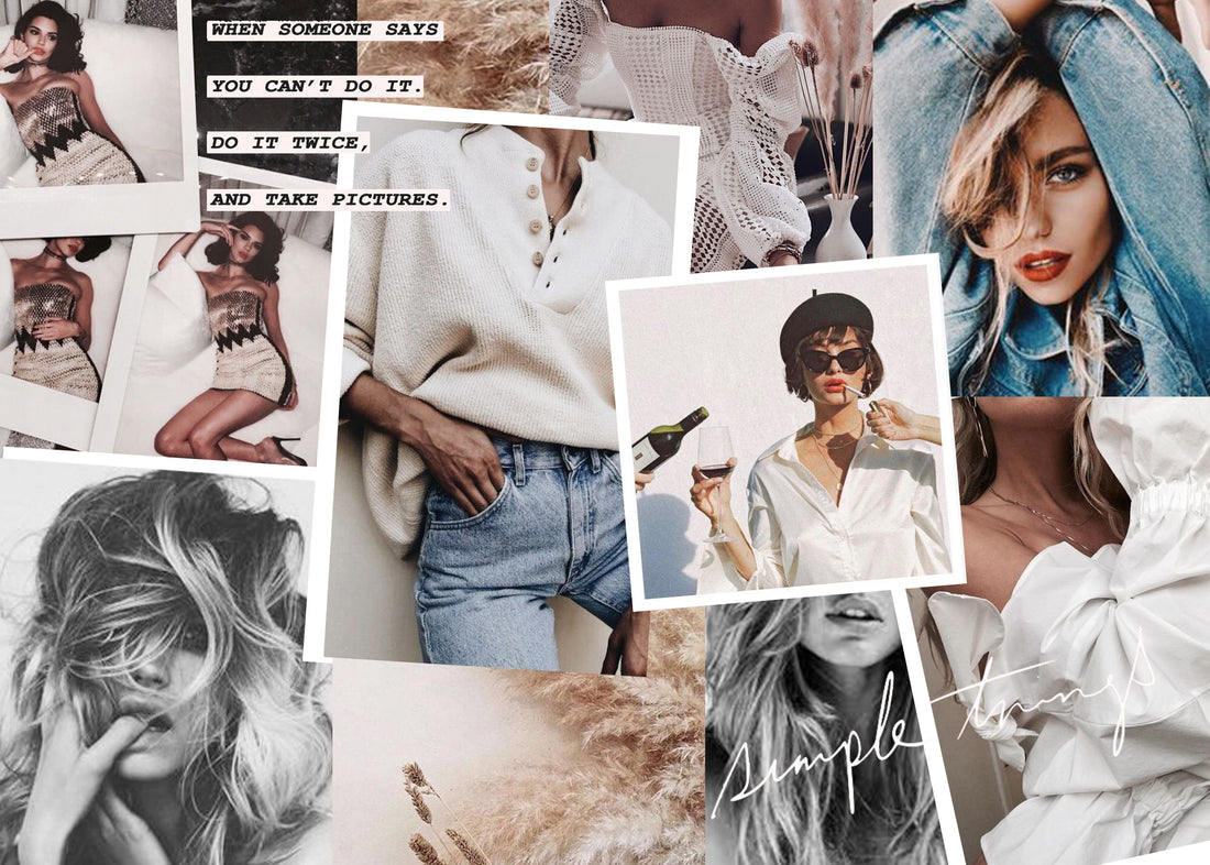 Neutral-toned fashion mood board iPhone background collage with editorial photos and handwritten quotes.
