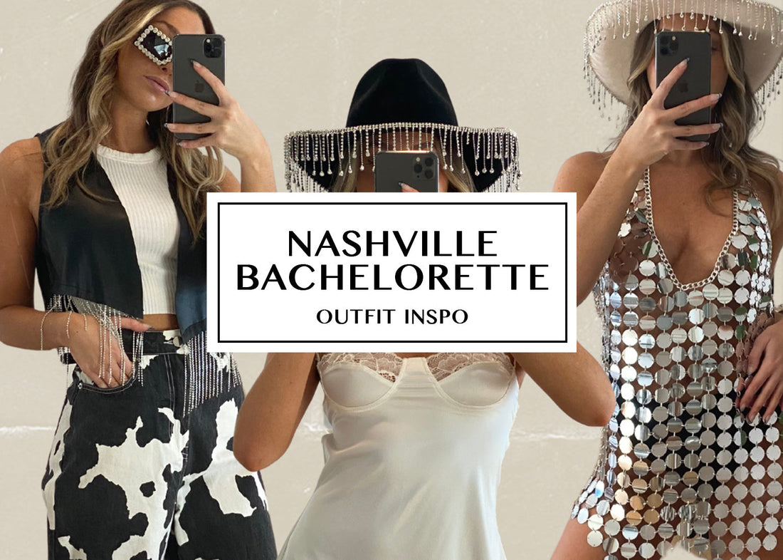 Three women model Nashville bachelorette outfits: rhinestone fringe, cow-print denim, and sequined mirror looks.