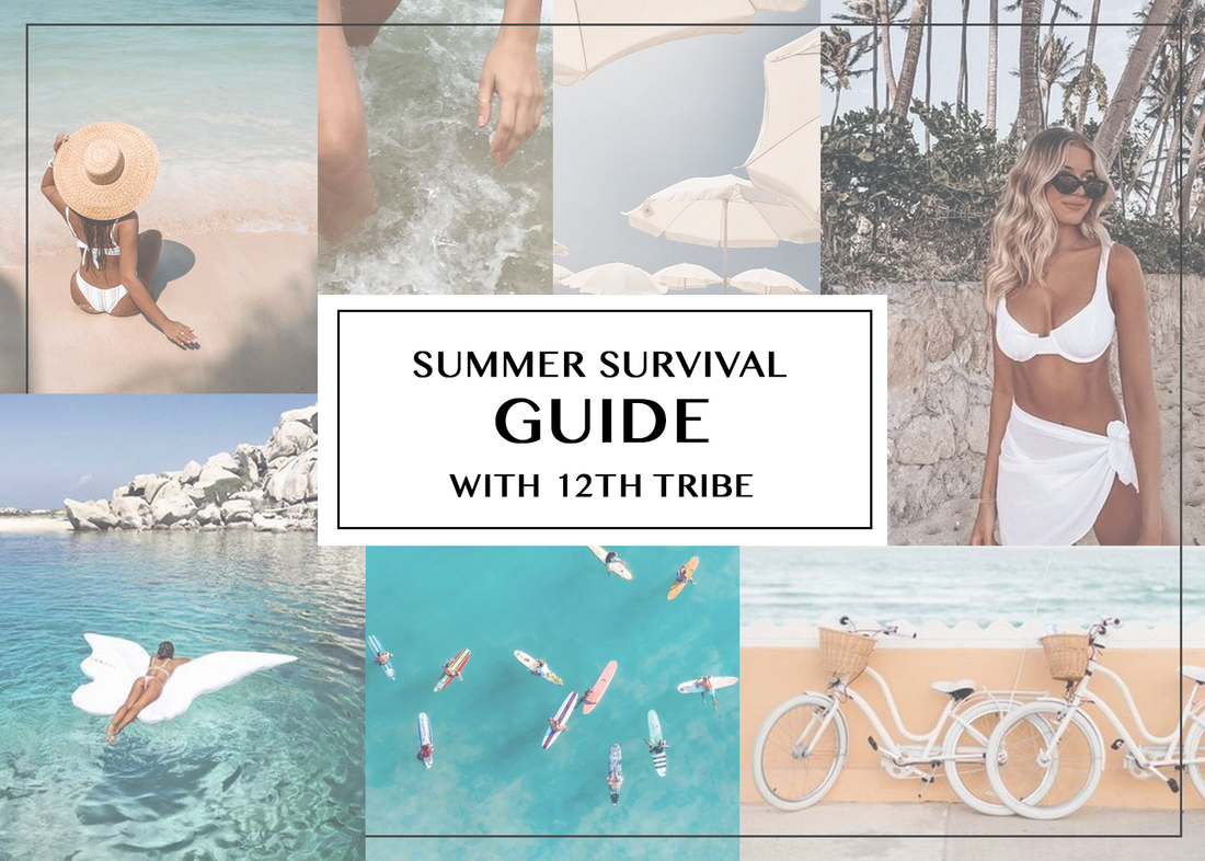 Summer Survival Guide cover collage with beach scenes, swimwear, surfboards, and cruiser bikes.