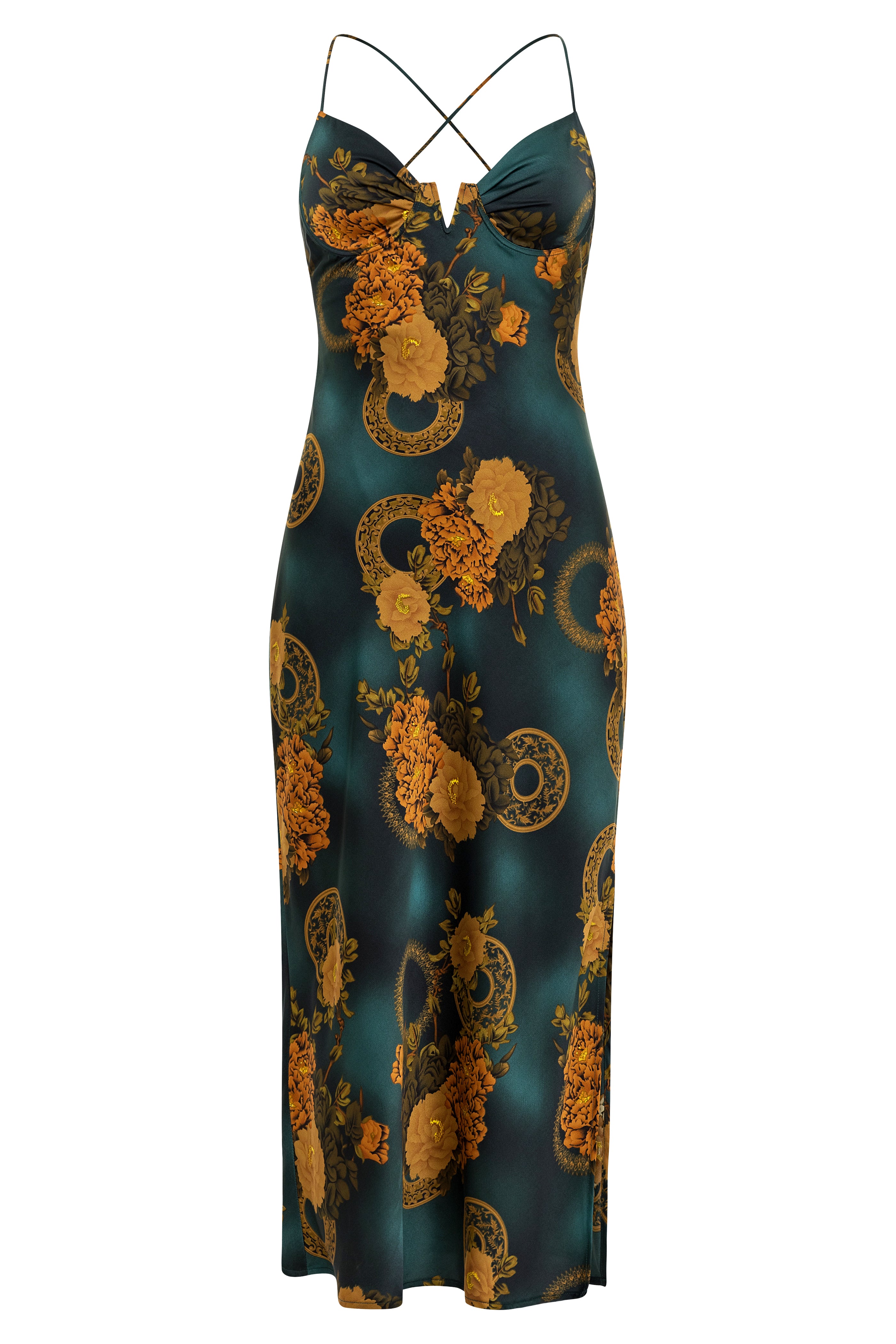 Alexandria Teal Printed Satin Midi Dress