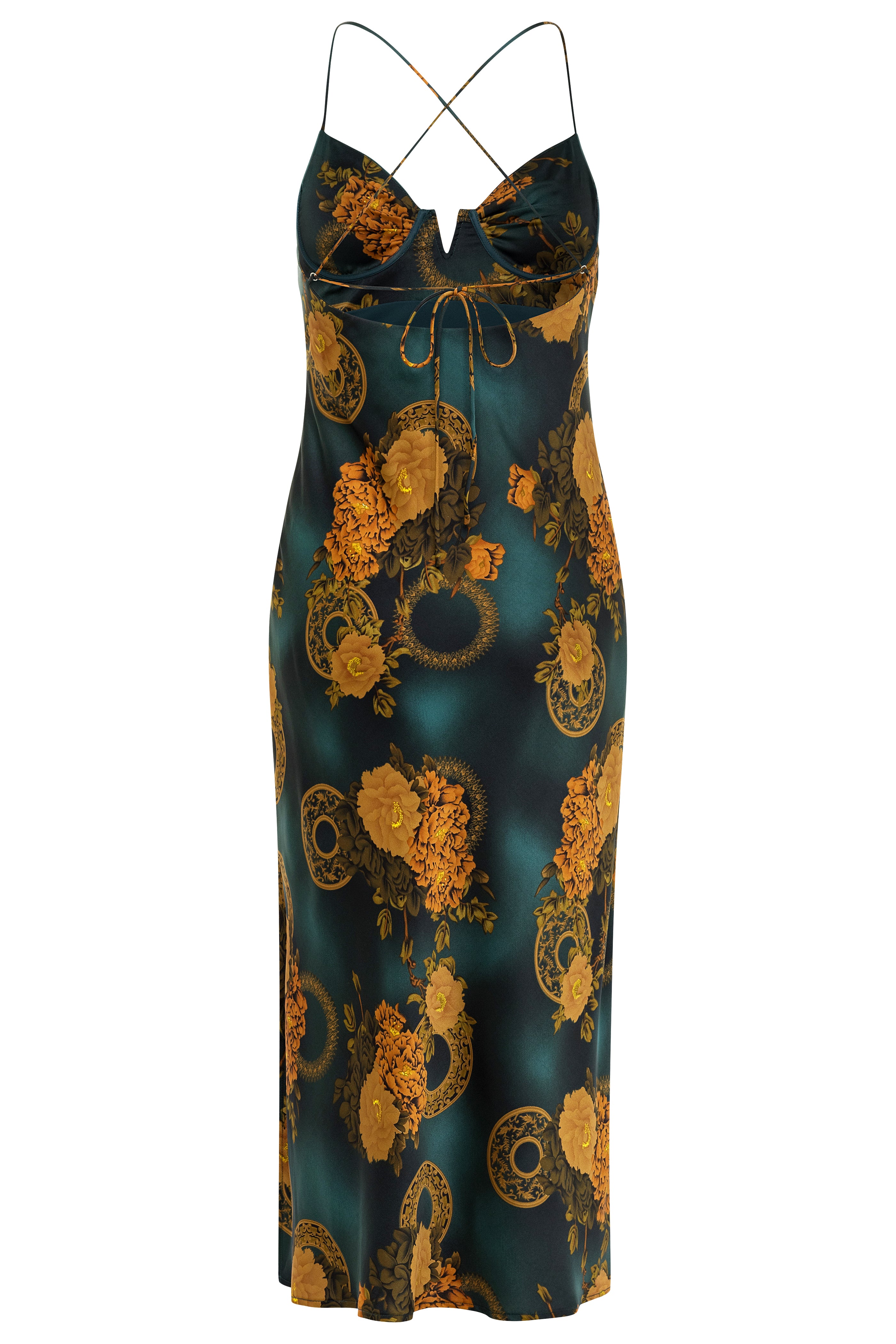 Alexandria Teal Printed Satin Midi Dress