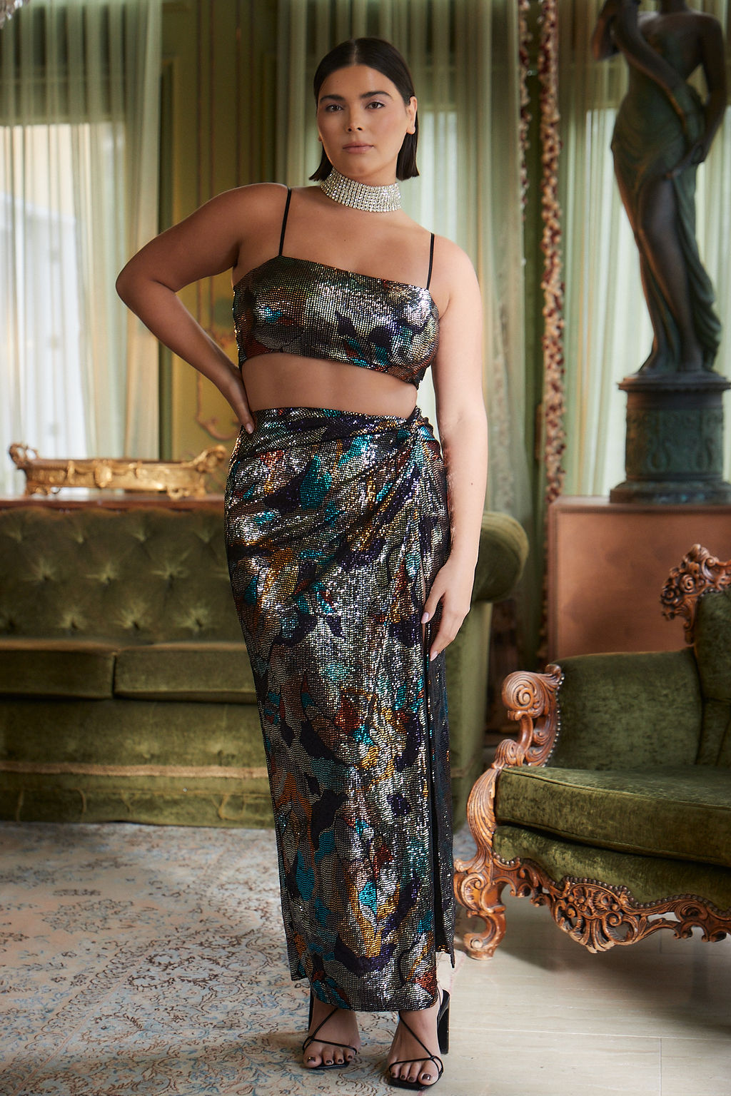 Back view of the sequin crop top showing the silhouette and fit.