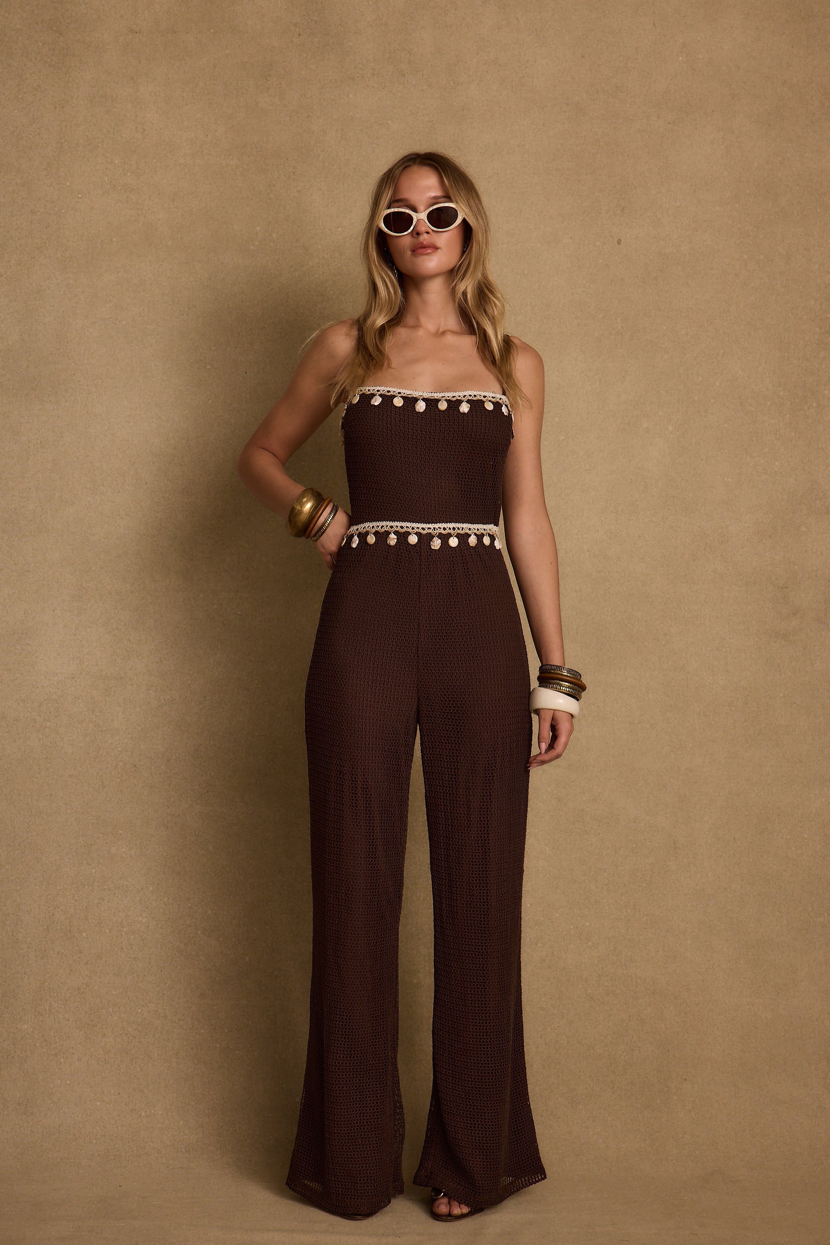 Adella Espresso Shell Trimmed Jumpsuit