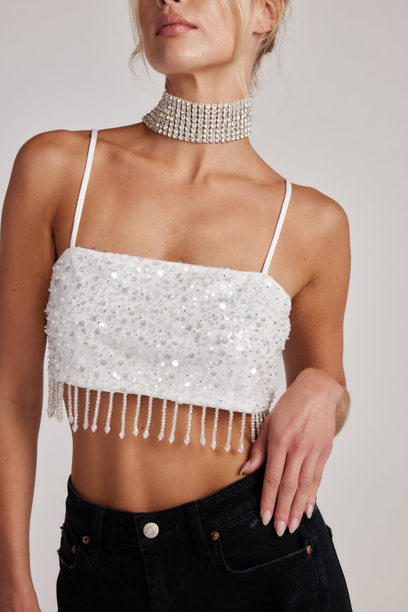 Gatsby White Fringe Strapless Top - L Size - Women's Tops - 12th Tribe