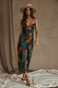 Alexandria Teal Printed Satin Midi Dress