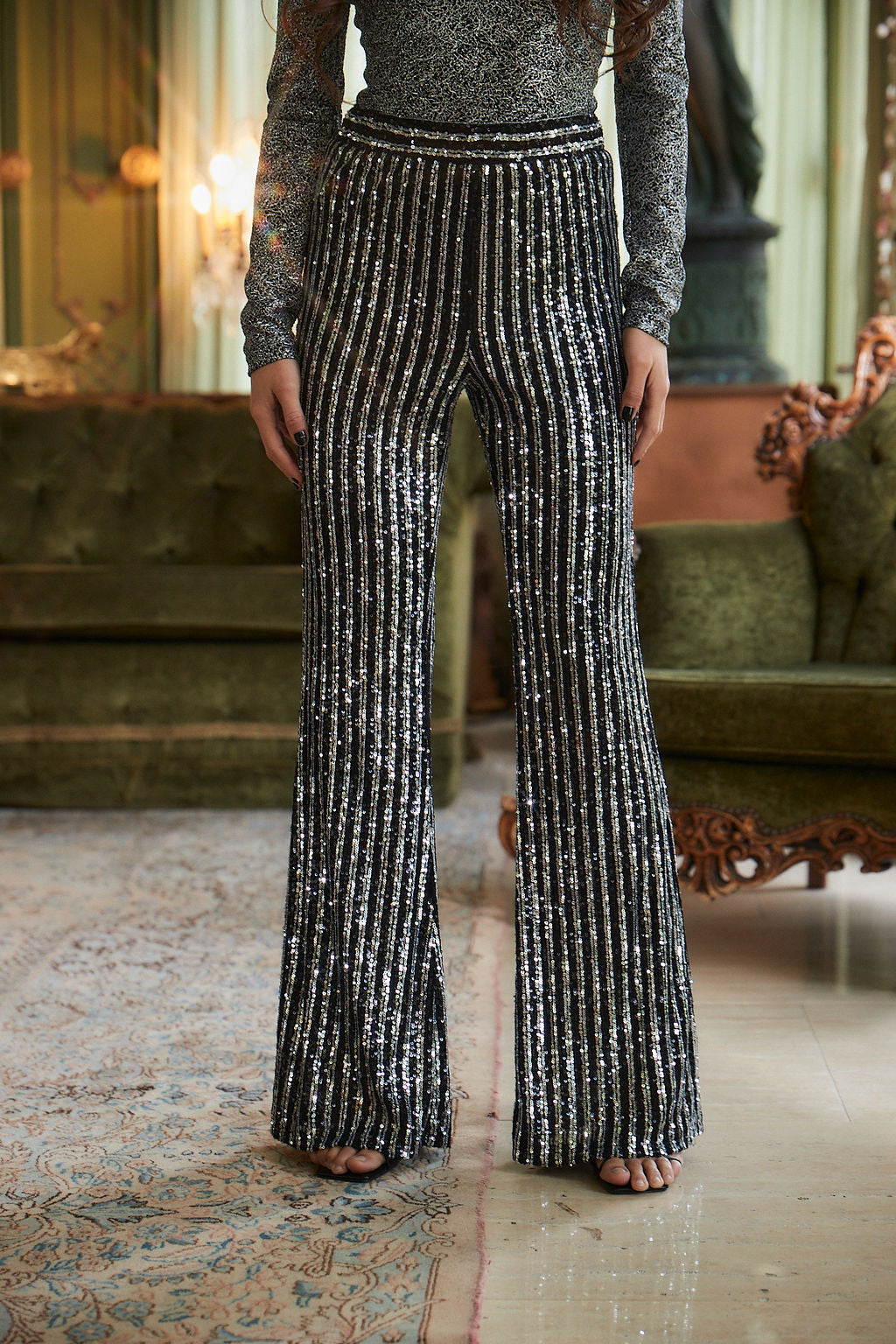 Adieu Silver Silk Sequin Straight Pant | Fivestory New York