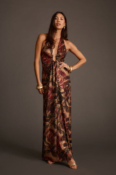 Alondra Dark Floral Plunge Maxi Dress | 12th Tribe