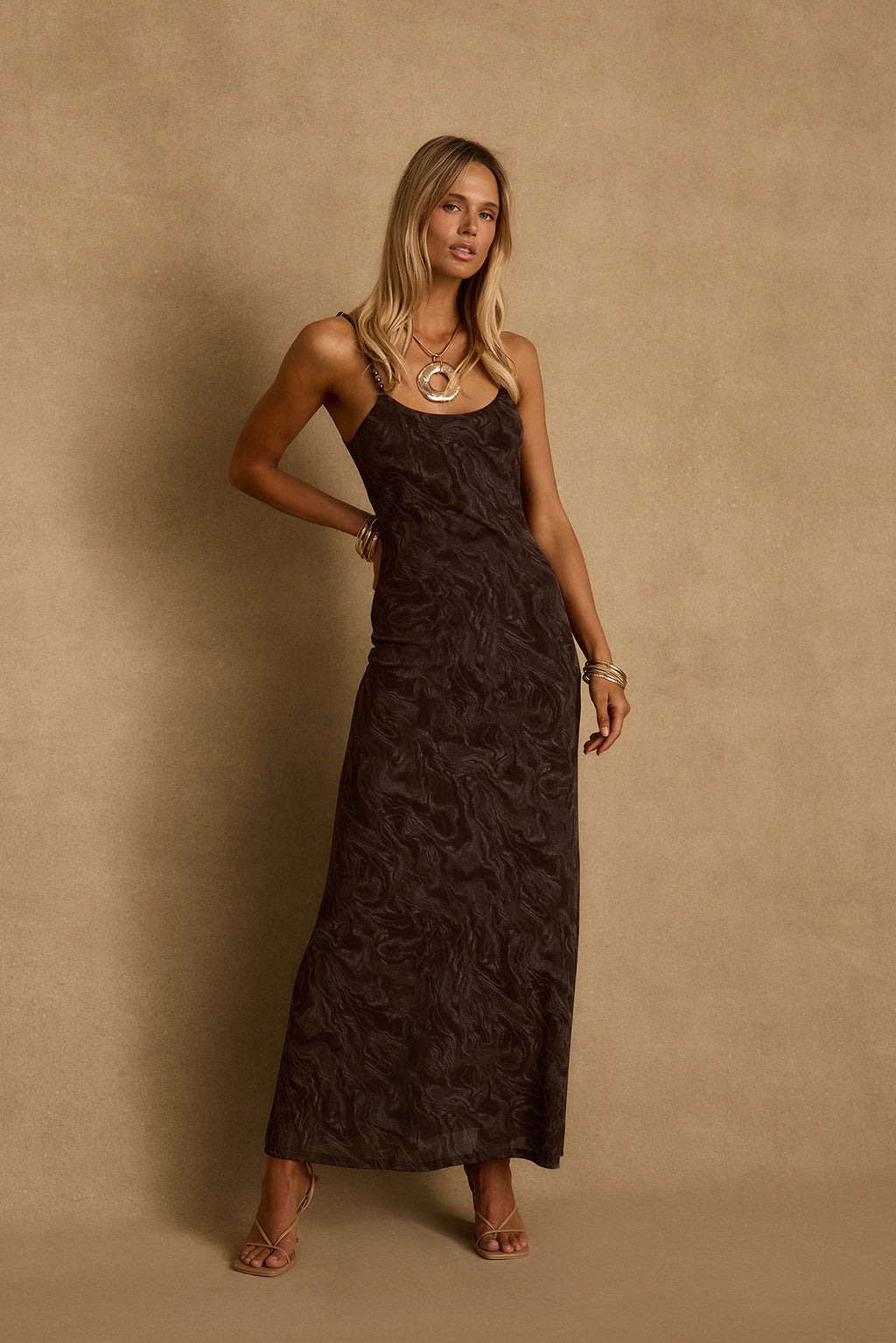 Amora Mocha Floral Mesh Maxi Dress