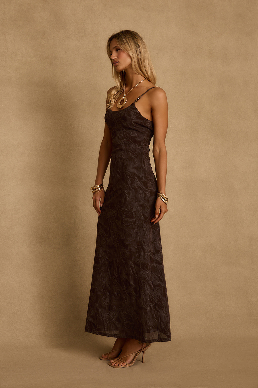 Amora Mocha Floral Mesh Maxi Dress