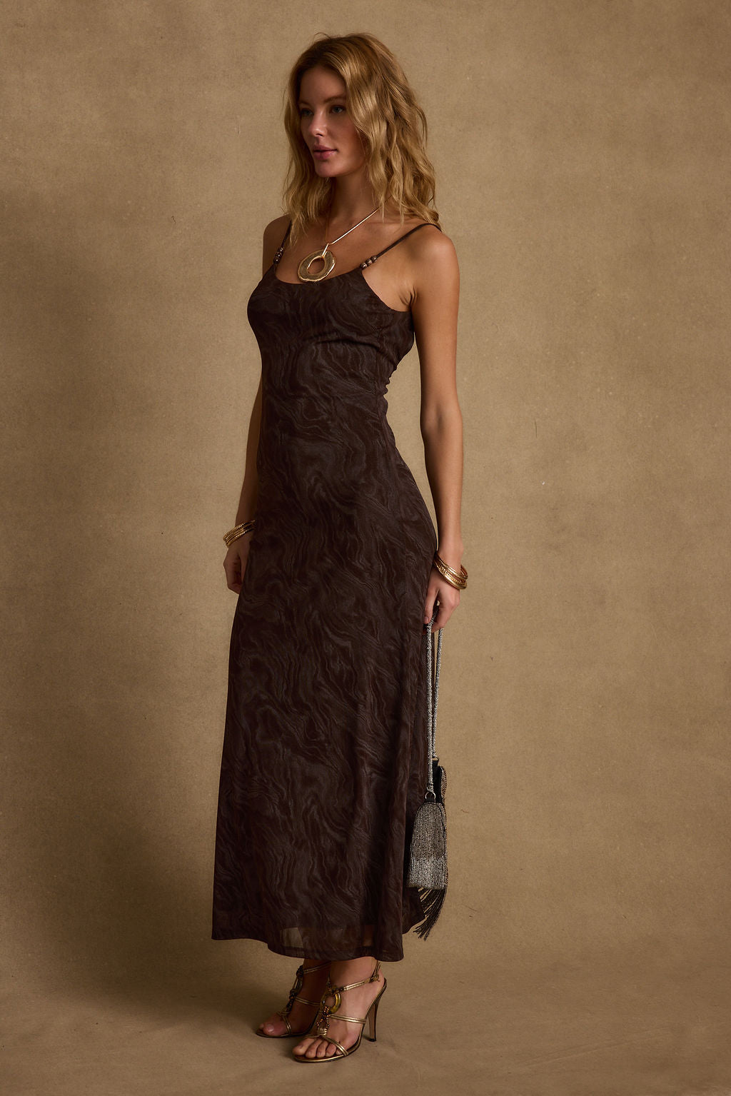 Amora Mocha Floral Mesh Maxi Dress