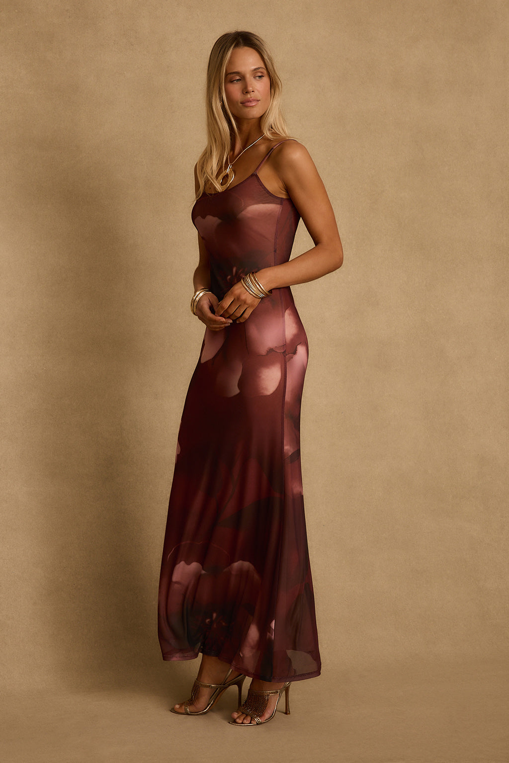 Amora Mulberry Floral Mesh Maxi Dress - M Size - Women's Dresses