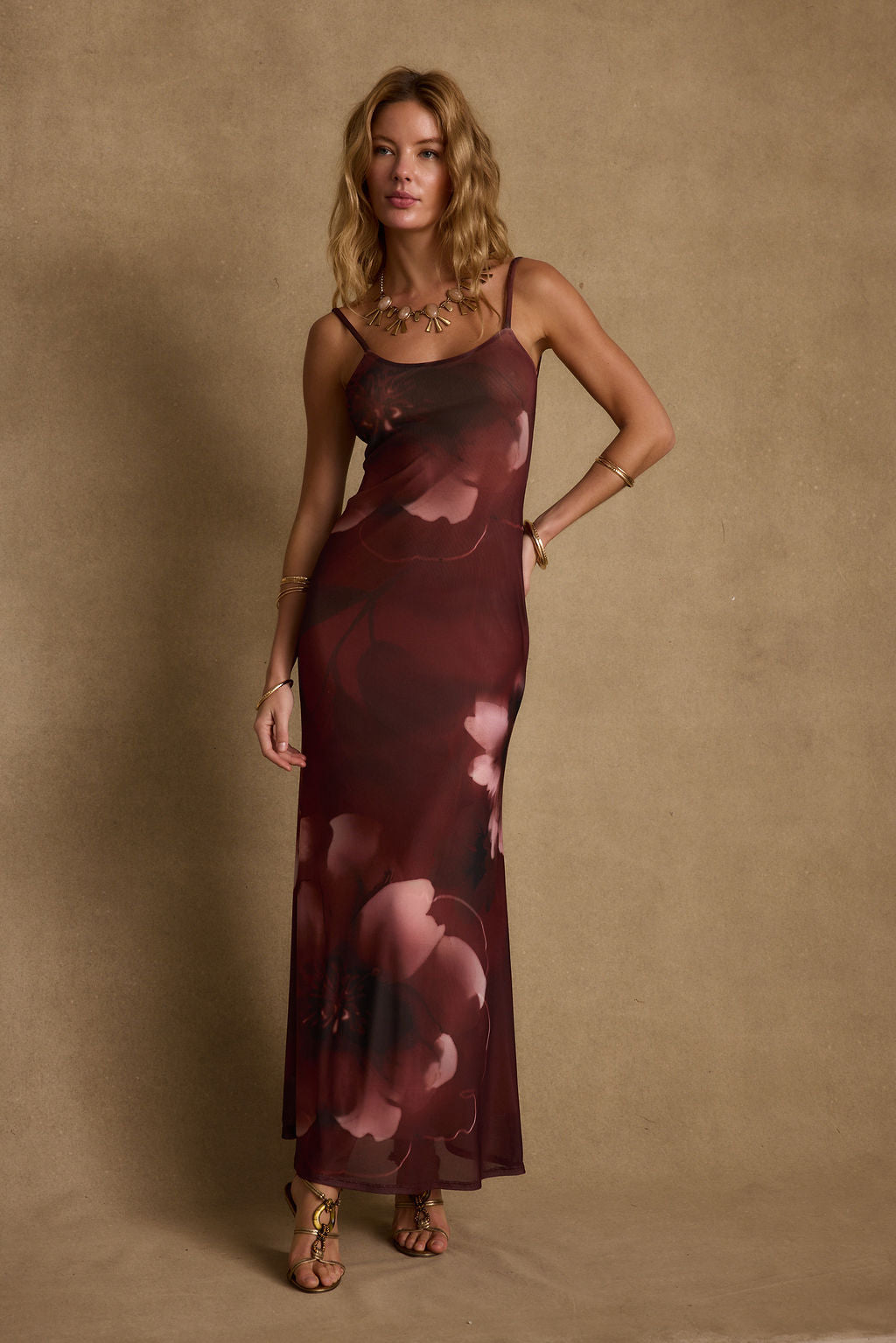 Amora Mulberry Floral Mesh Maxi Dress