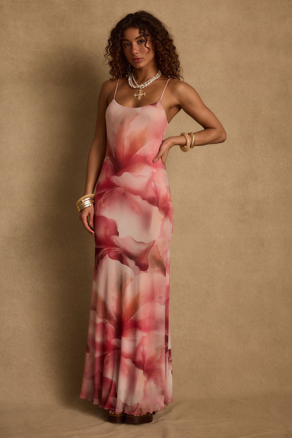 Amora Pink Floral Mesh Maxi Dress