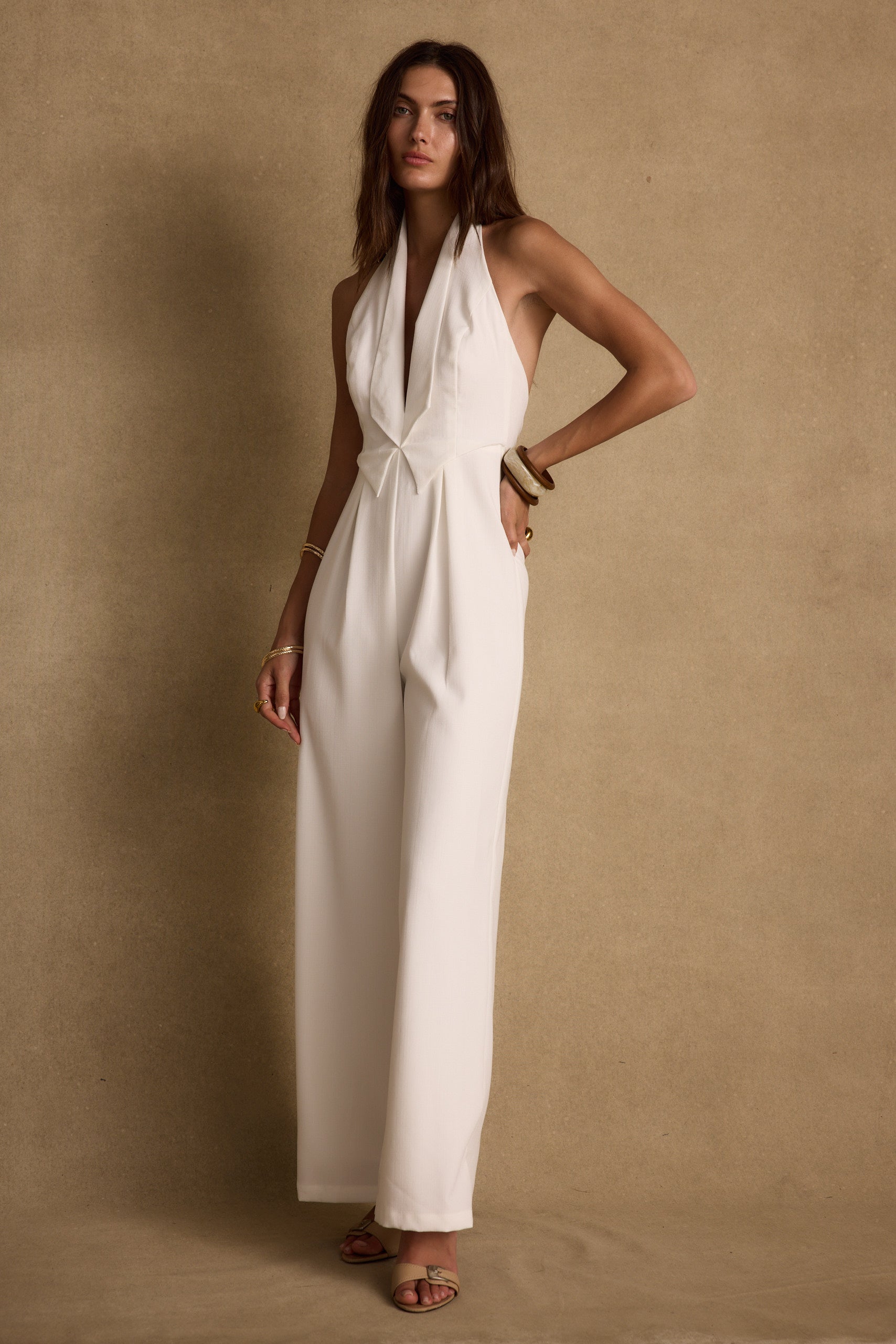 Astoria White Plunge Halter Tailored Jumpsuit