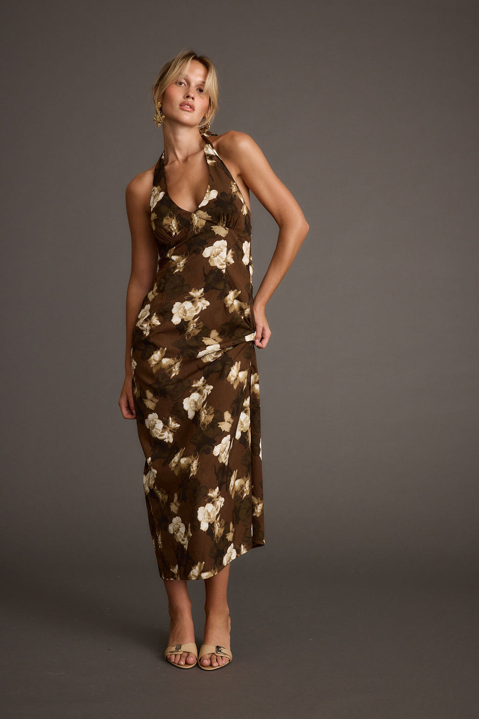 Audrina Brown Floral Halter Maxi Dress – 12th Tribe