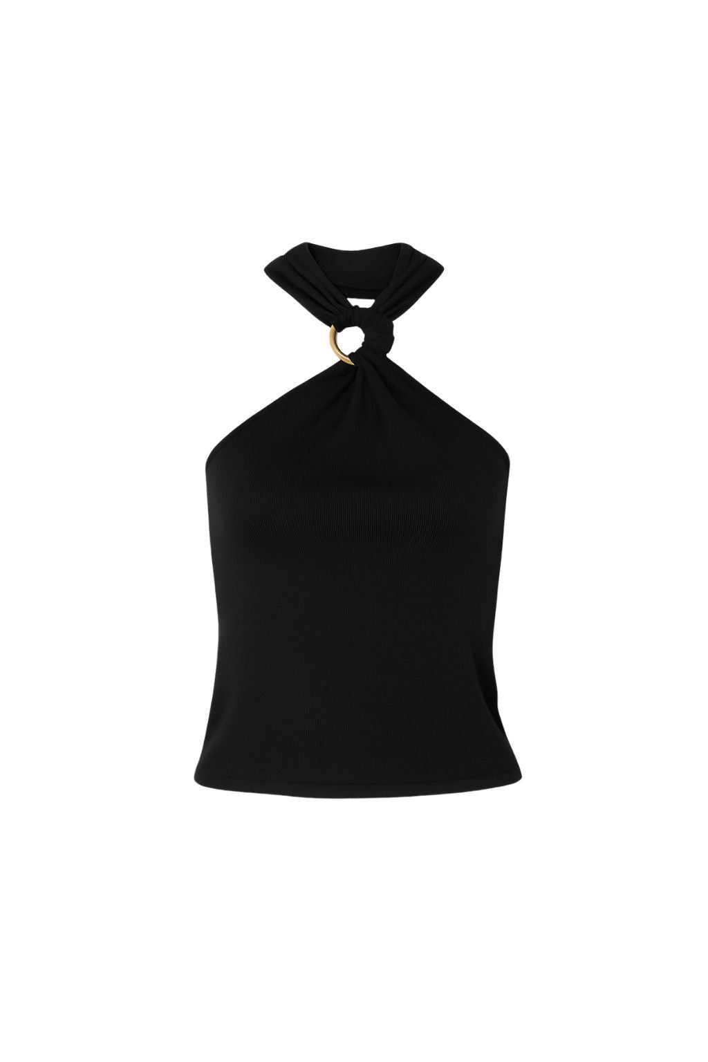 Alternate angle of the black halter top highlighting the overall design.