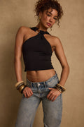 Black halter halter top with elegant accents, a satin halter top essential.