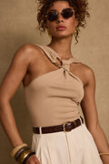 Azula Tan Embellished Halter Top