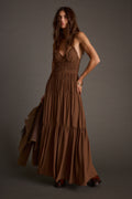 Mocha maxi dress with elegant accents, a vacation maxi dress essential.