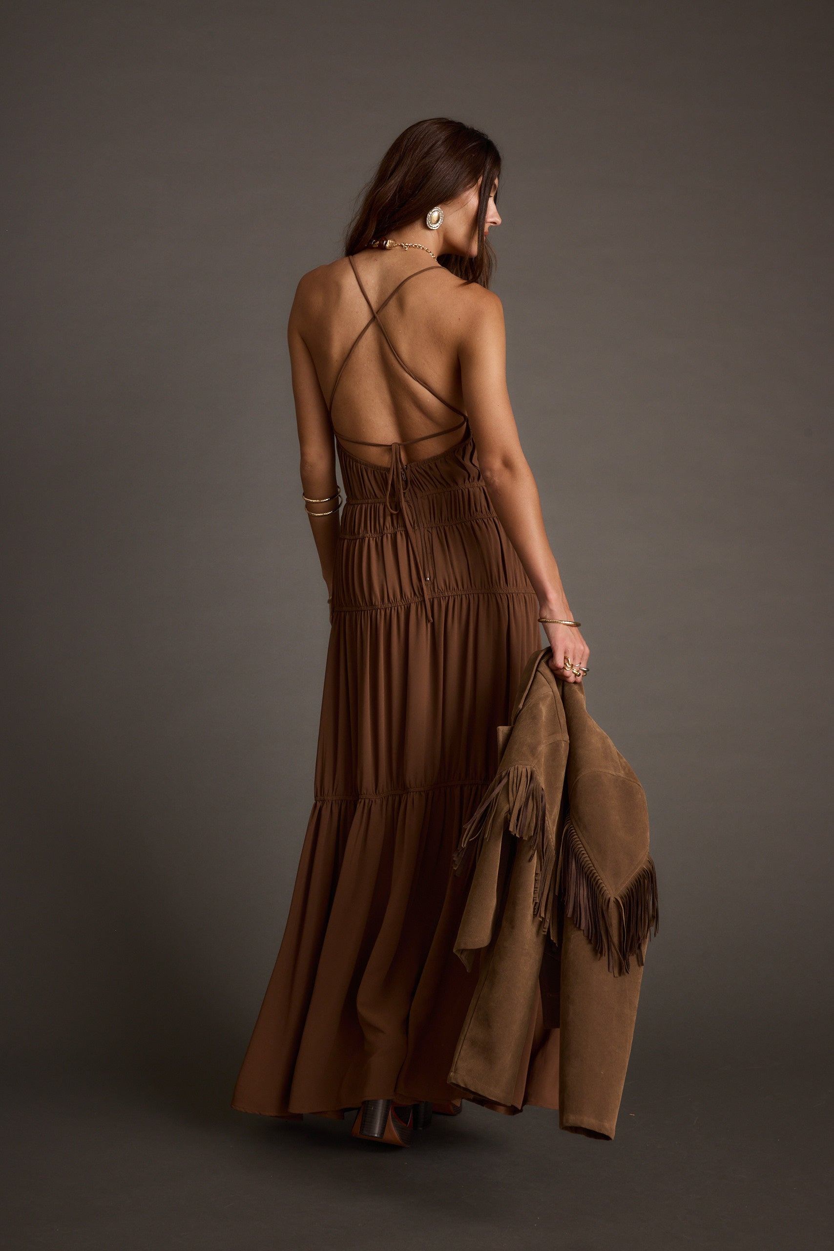 Additional view of the Adelina Mocha Maxi Dress from a different perspective.