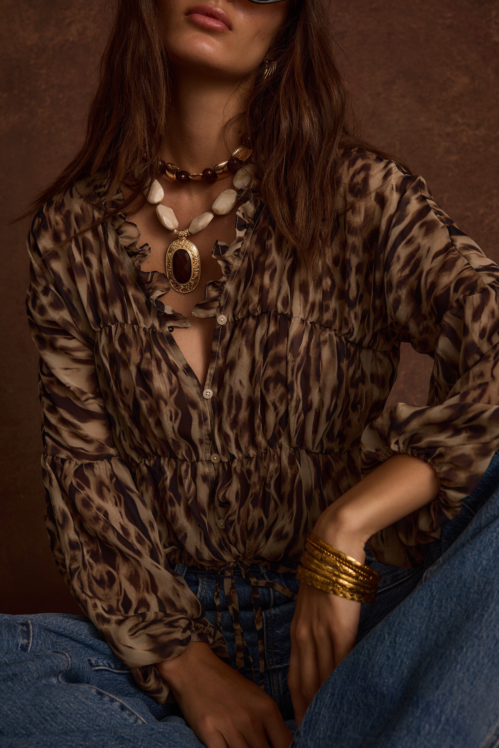 Alba Leopard Chiffon Long Sleeve Blouse