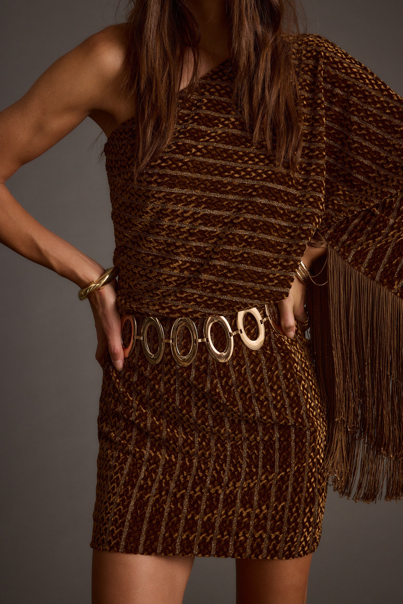 Additional view of the Amberley Cognac Velvet Mini Dress from a different perspective.