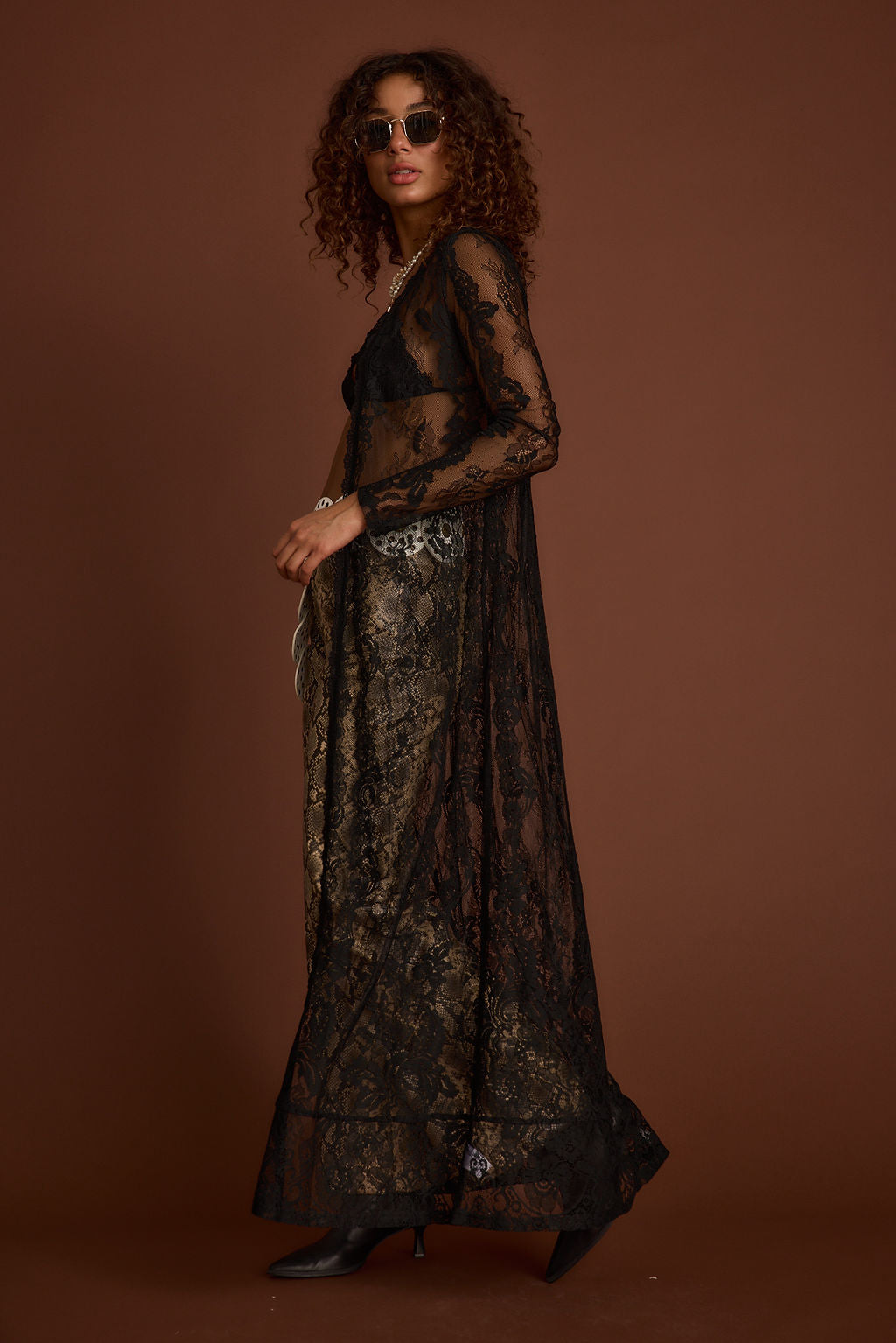 Ambrose Black Lace Kimono shown in a complementary styling arrangement.