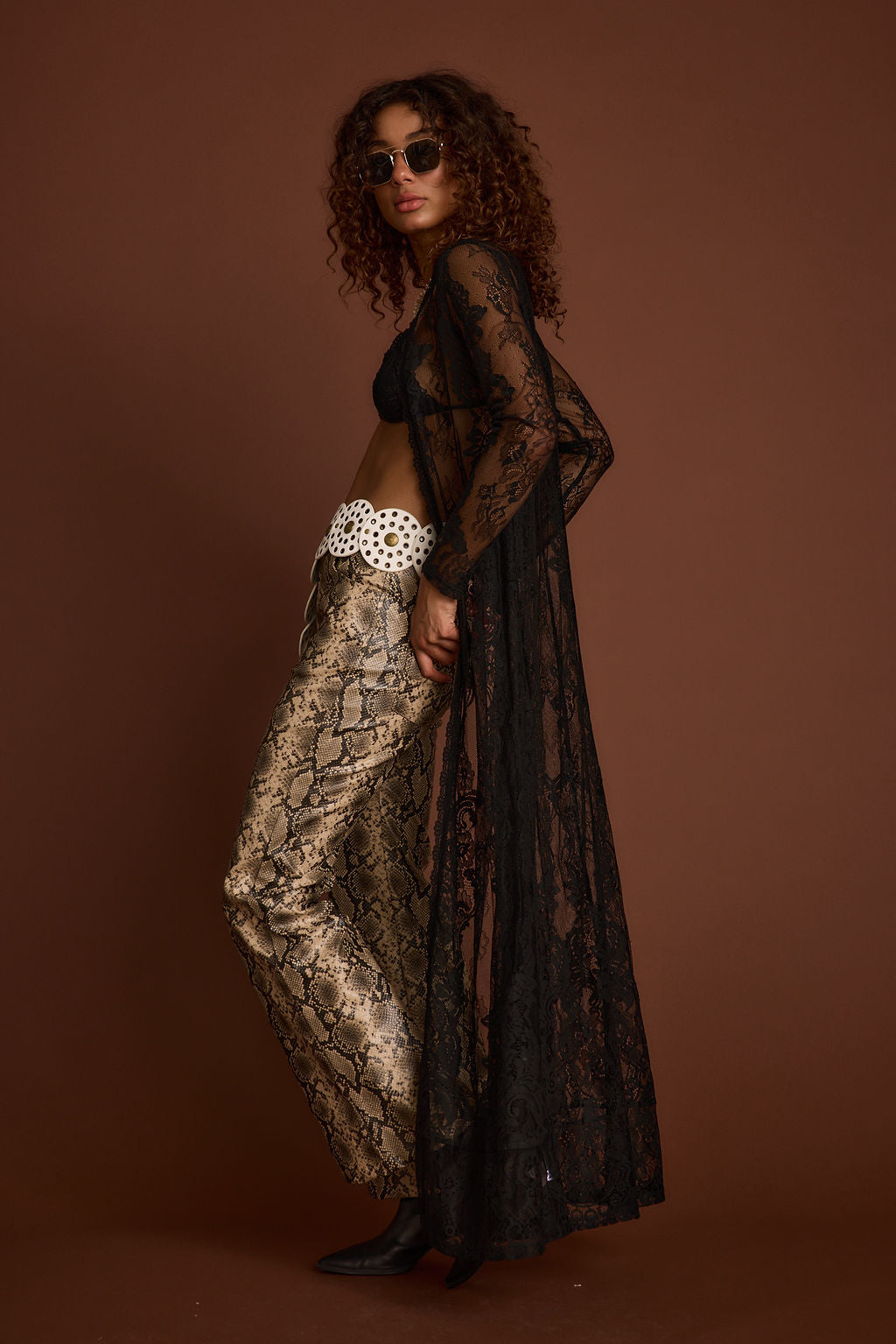 Additional view of the Ambrose Black Lace Kimono from a different perspective.