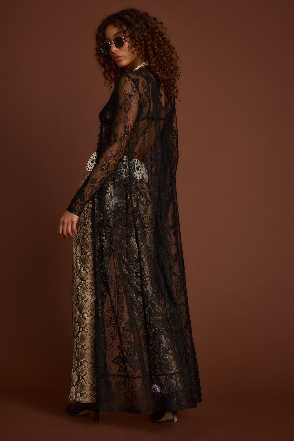 Close-up of the Ambrose Black Lace Kimono showcasing the lace texture and craftsmanship.