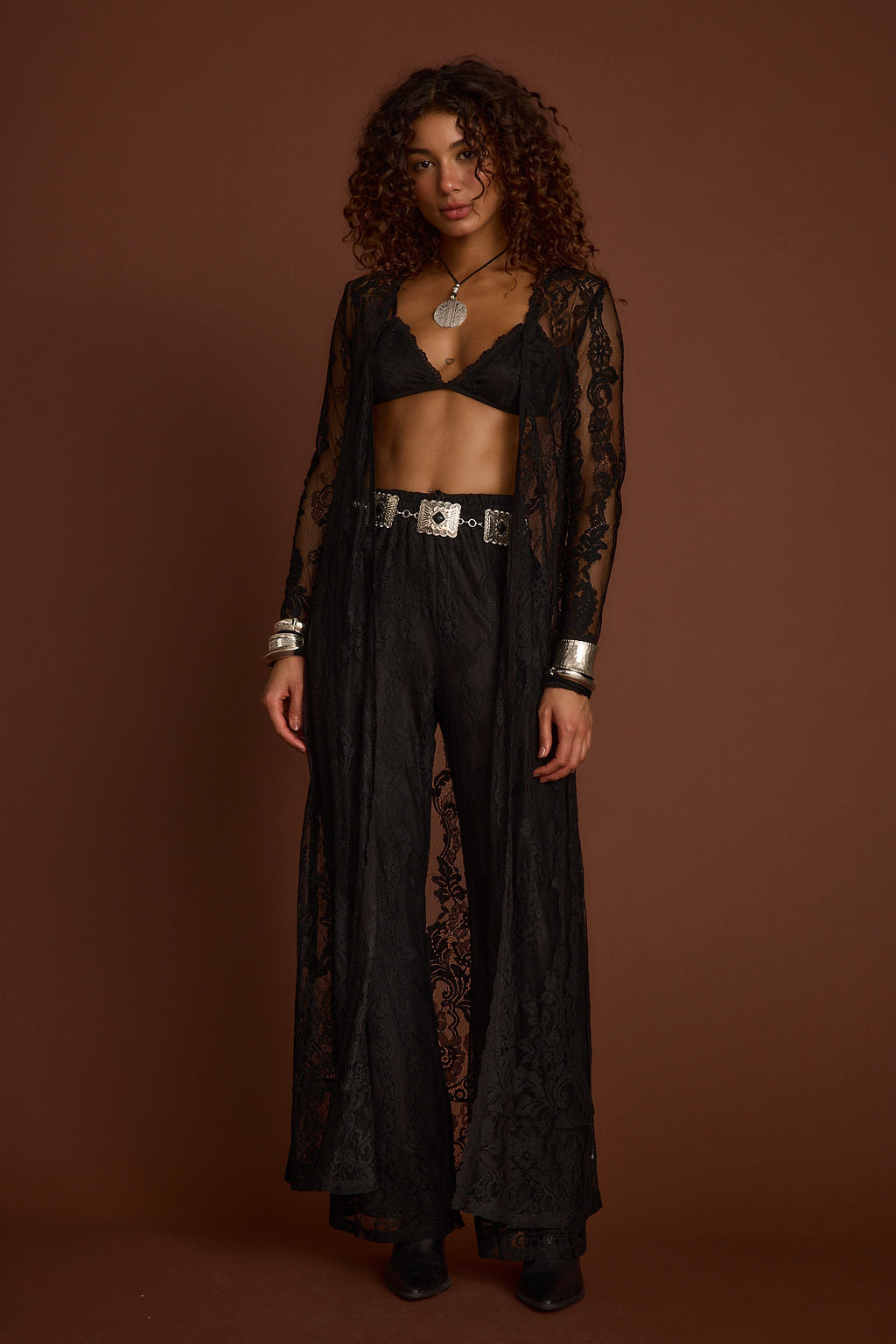 Detail shot of the Ambrose Black Lace Kimono highlighting the lace elements.