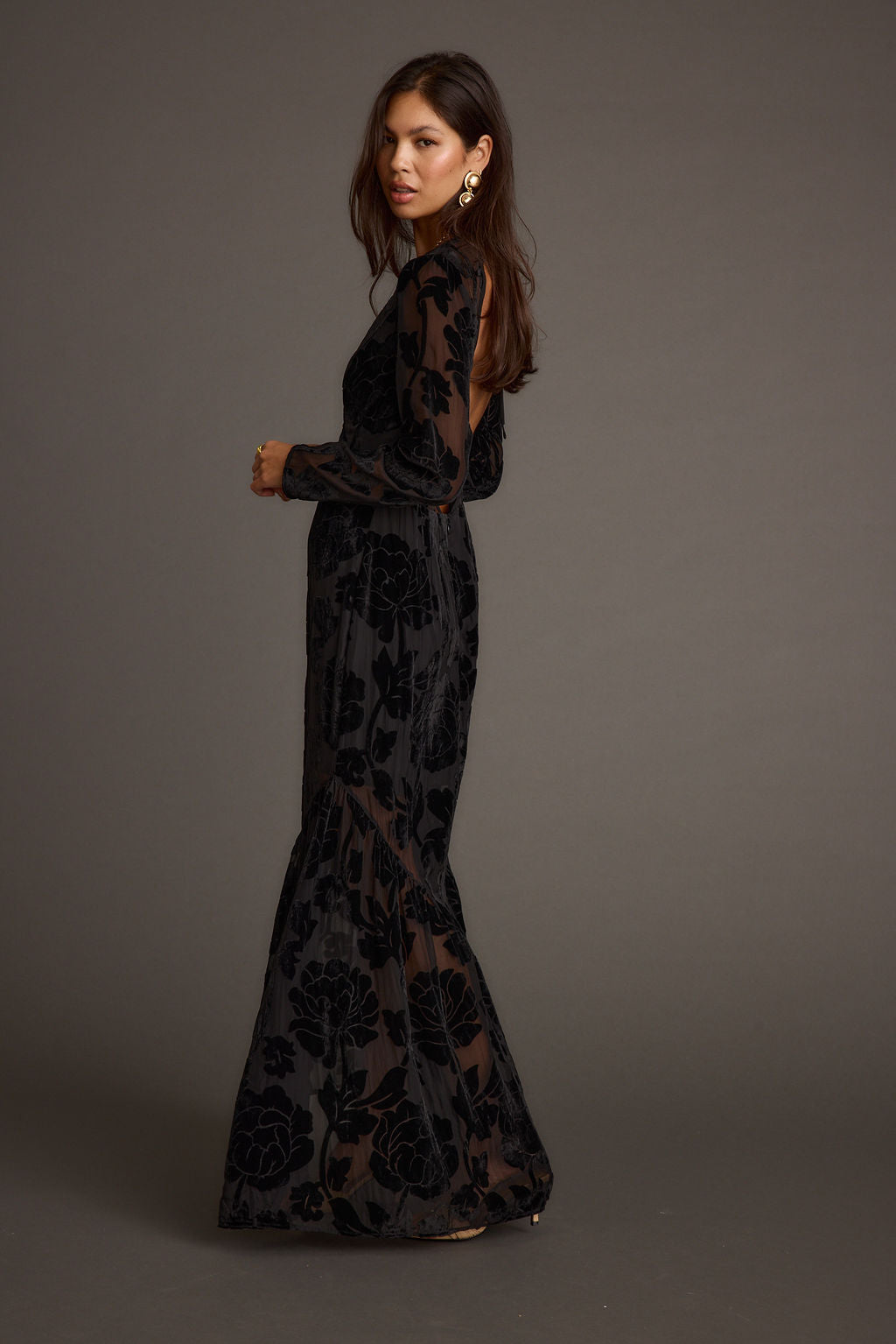Angela Black Velvet Burnout Long Sleeve Maxi Dress