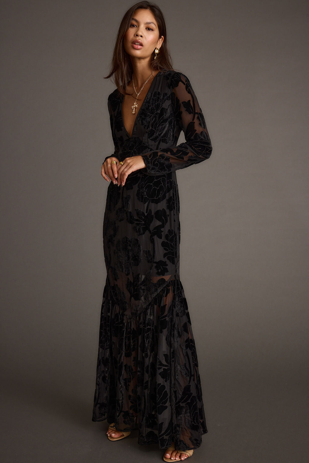 Angela Black Velvet Burnout Long Sleeve Maxi Dress - M Size - Women's Dresses